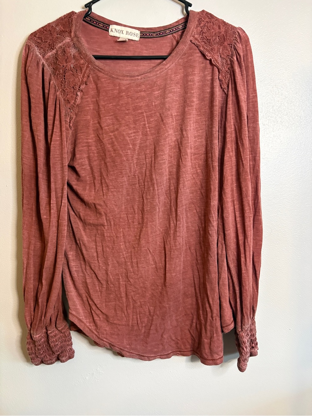 Knox Rose Long-Sleeve Lace-Accent Top — Rosewood